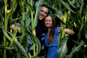 Jasmin und René schauen lachend aus dem Maisfeld – Kennenlernshooting am Guthügle bei Eschach